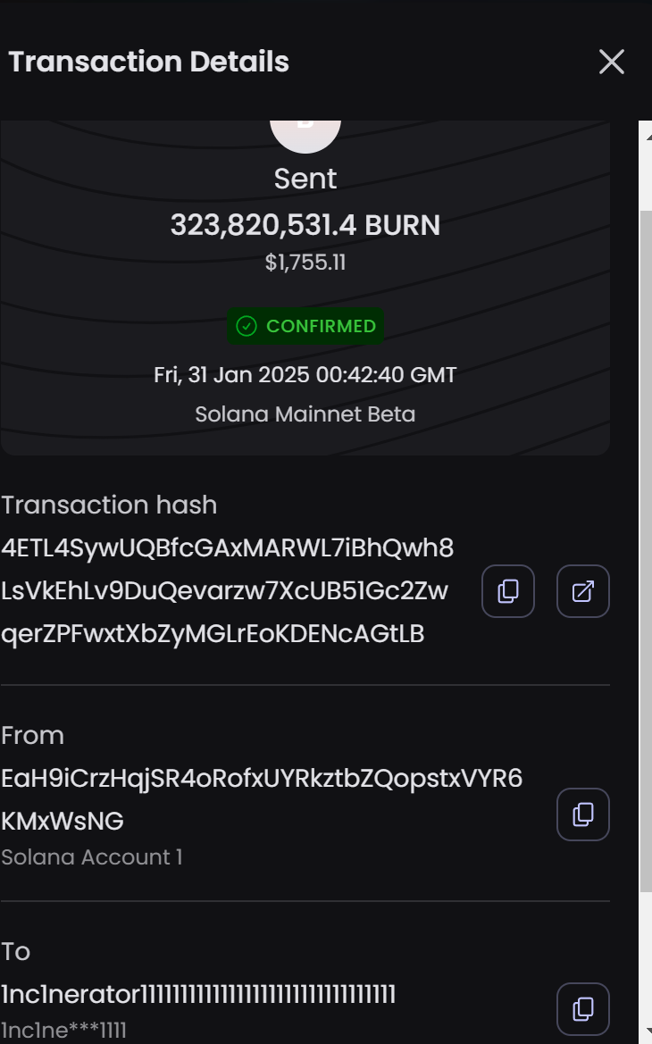 Screenshot of the transaction of the $BURN we bought being sent to the incinerator Screenshot of the transaction of the $BURN we bought being sent to the incinerator
